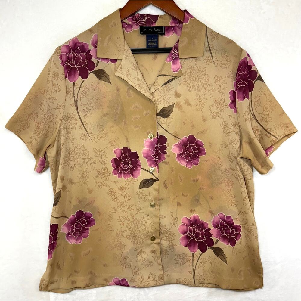 Vintage Laura Scott L Short Sleeve Floral Print Top Pink Buttons Grandma Cottage